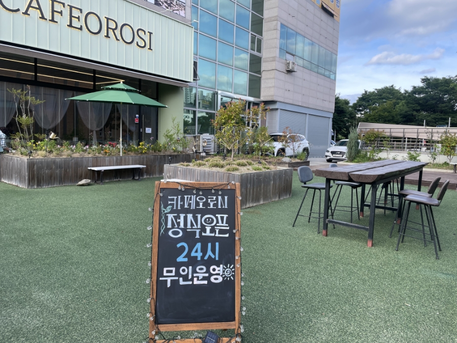 낮에 바라본 싱그러운 야외 정원과 카페오로시 전경